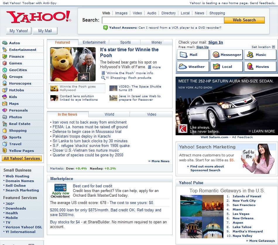 Página principal de Yahoo en 2006