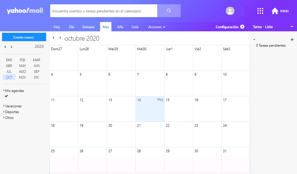 Interfaz del Calendario en Yahoo Mail para ordenadores