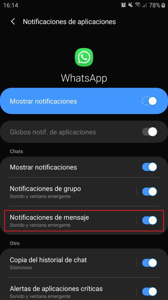 Menú de ajuste de notificaciones en WhatsApp para Android