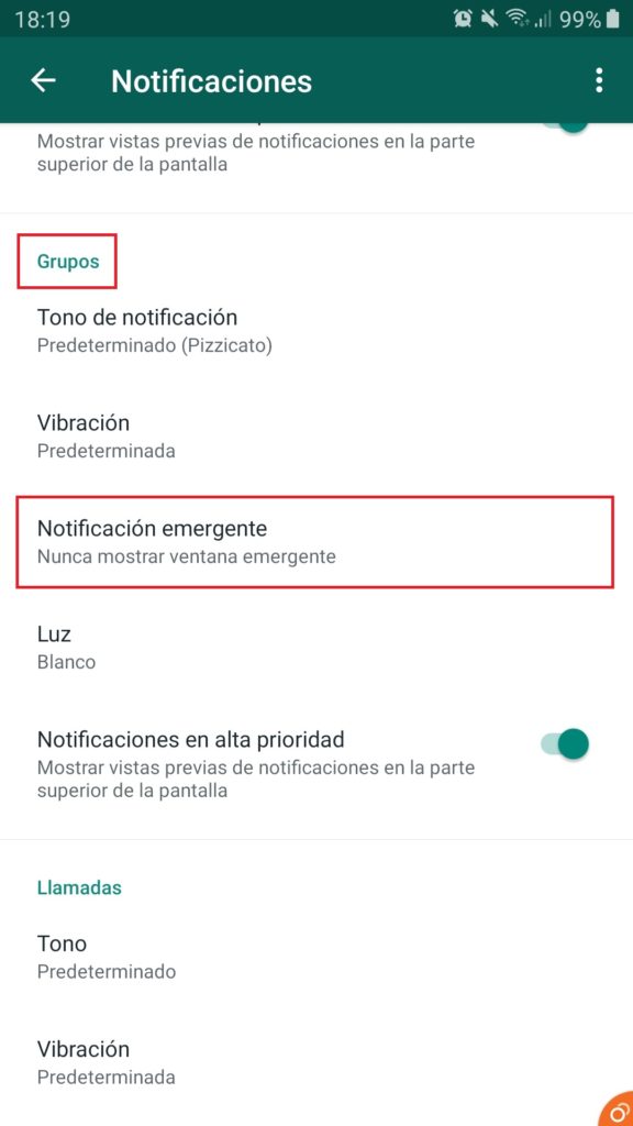 Ajustes de notificaciones en el menú de WhatsApp para Android