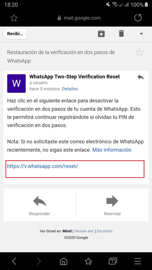Correo electrónico de recuperación del PIN de WhatsApp