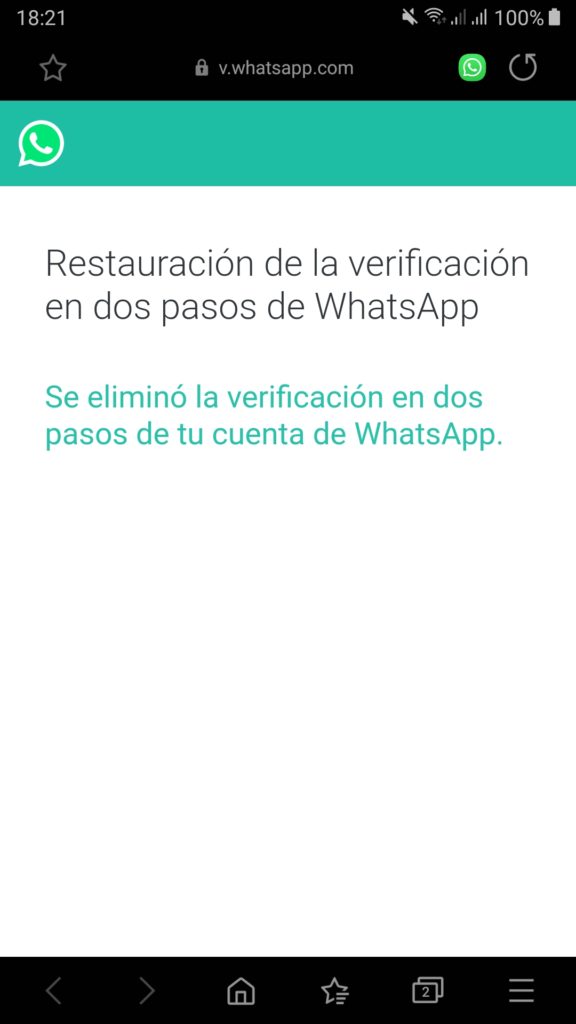 Confirmación de la eliminación de la verificación en dos pasos de WhatsApp