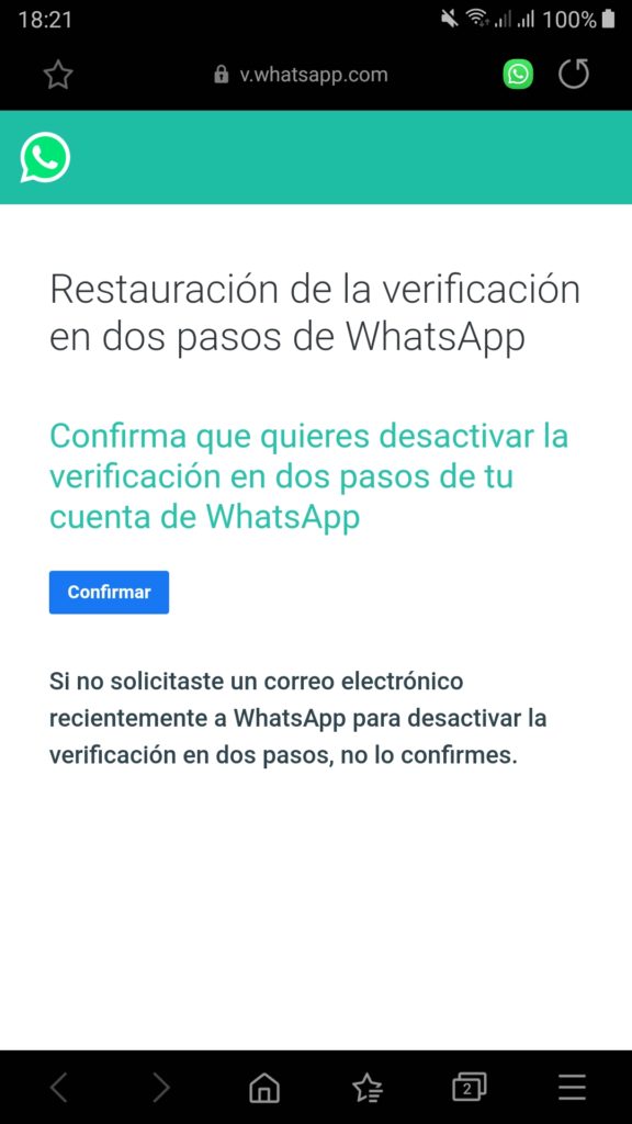 Página de restauración de la verificación en dos pasos de WhatsApp