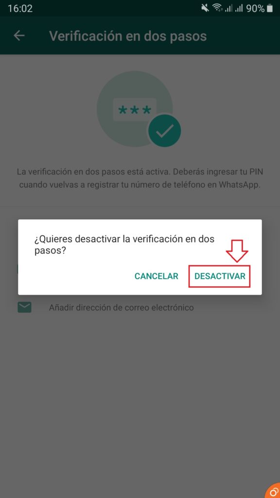 Aviso de confirmación para desactivar la verificación en dos pasos de WhatsApp para Android