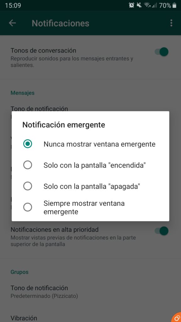Ventana de confirmación para desactivar las notificaciones emergentes en WhatsApp