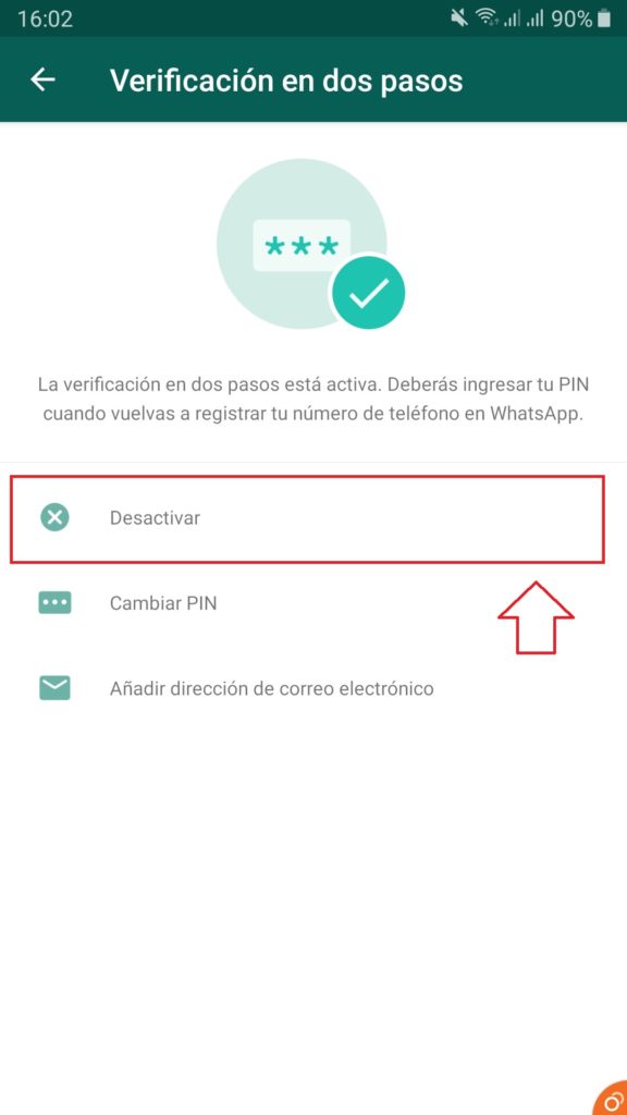 Interfaz de ajuste de la verificación en dos pasos de WhatsApp para Android