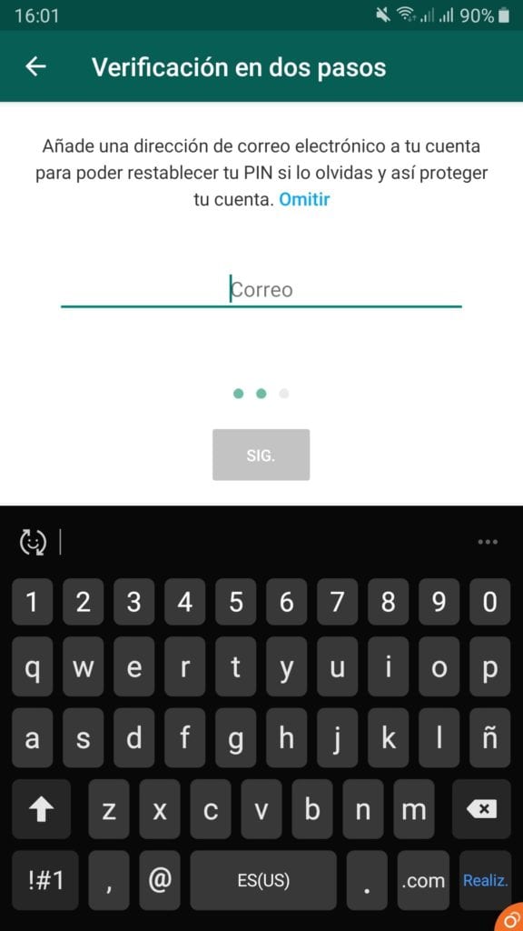 Interfaz de configuración de la verificación en dos pasos de WhatsApp para Android