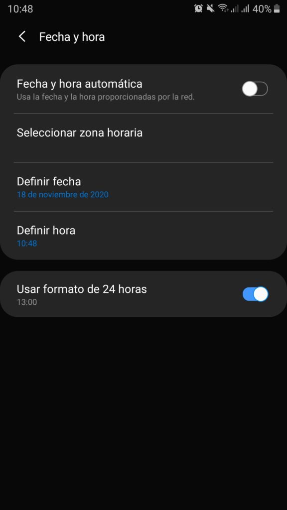 Configuración de fecha y hora manual en Android
