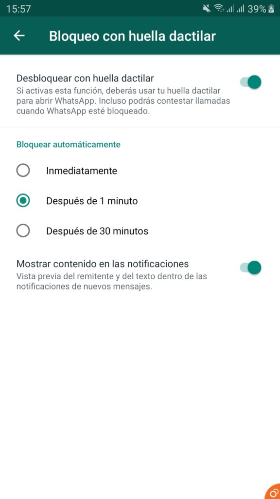 Opciones de configuración del bloqueo con huella dactilar en WhatsApp para Android
