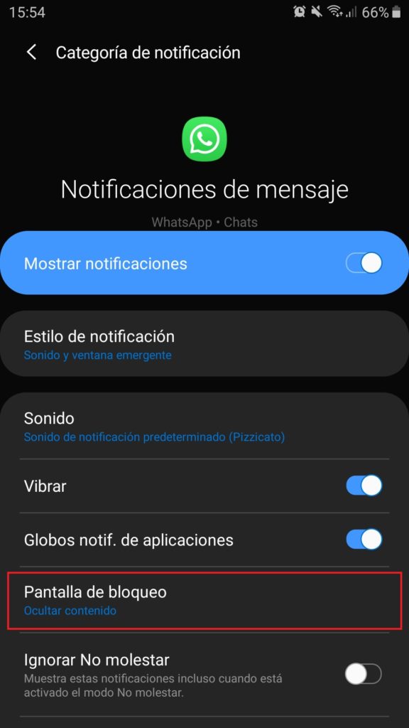 Ajustes de notificaciones de mensaje de WhatsApp en Android