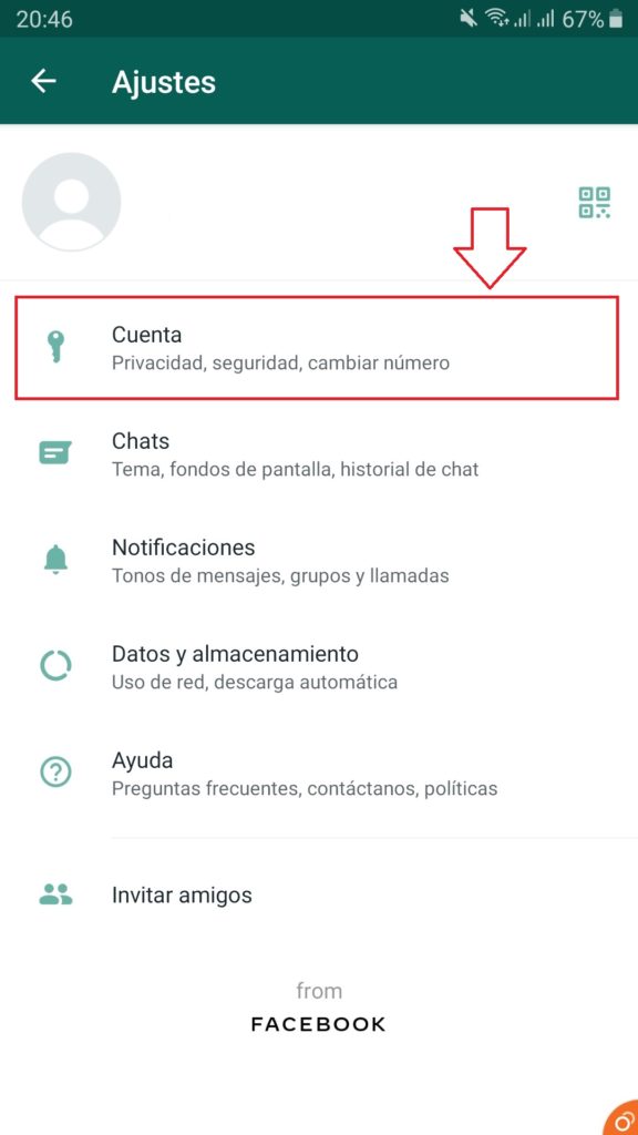 Apartado de Ajustes en WhatsApp para Android, con la opción Cuenta señalada en rojo.