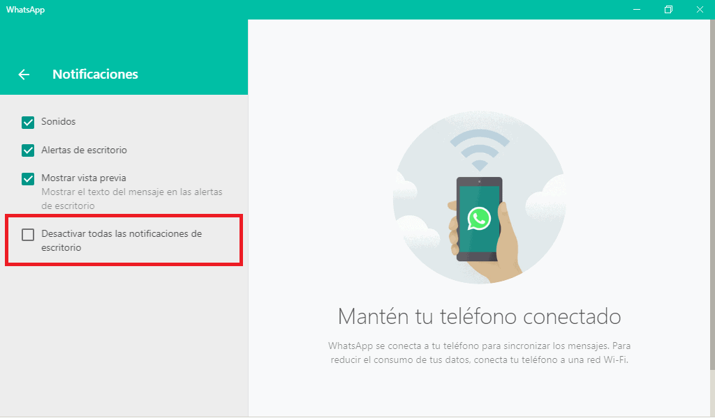 Ajustes de notificaciones en WhatsApp para PC