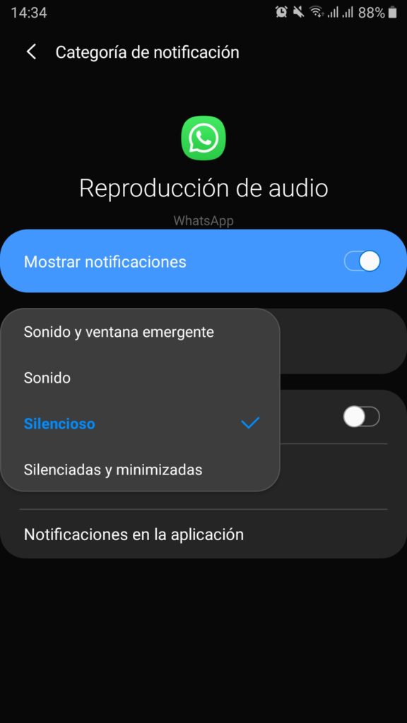 Ajuste del audio para silenciar las notificaciones de WhatsApp en Android