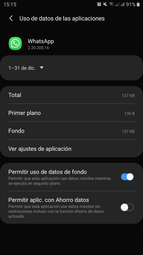 Configuración de los datos de fondo de WhatsApp en el menú de Ajustes de Android