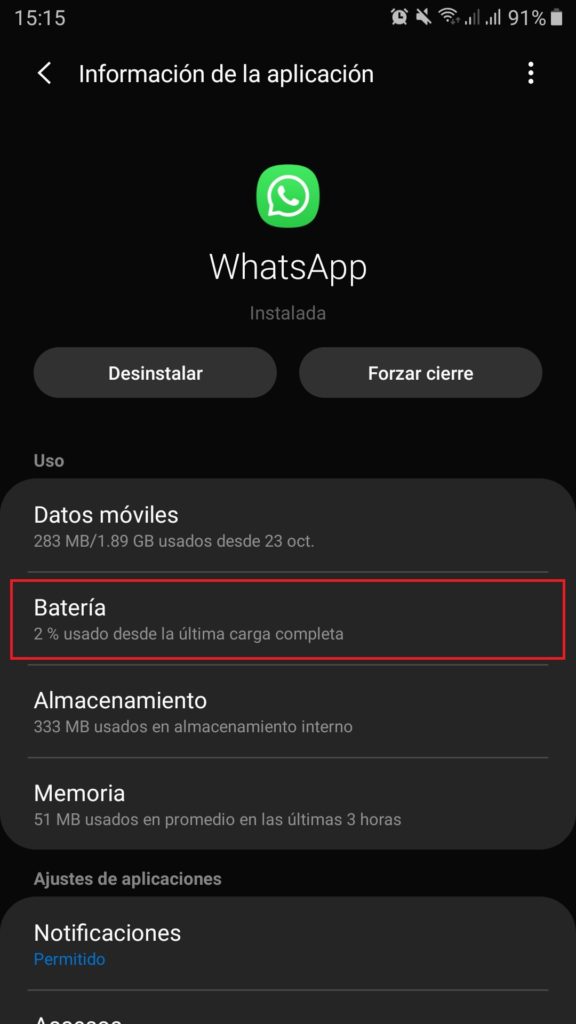 Configuración de WhatsApp en el menú de Ajustes de Android