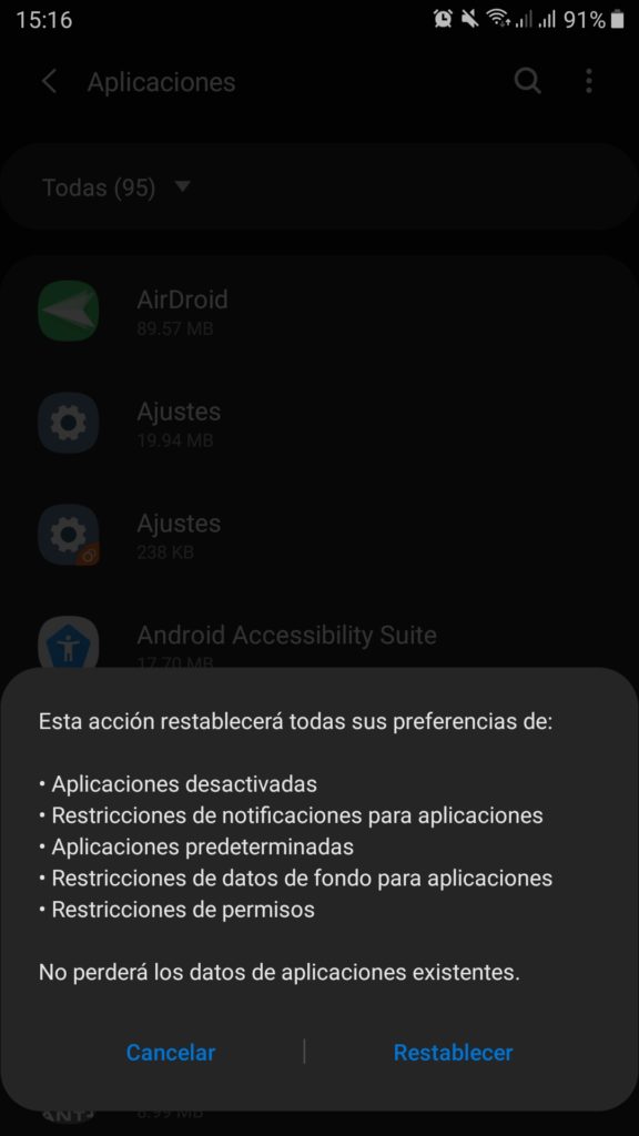 Confirmación para el restablecimiento de los ajustes de aplicaciones en Android