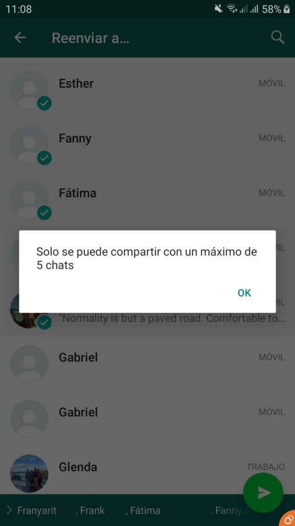 Aviso del limite para reenviar mensajes en WhatsApp para Android