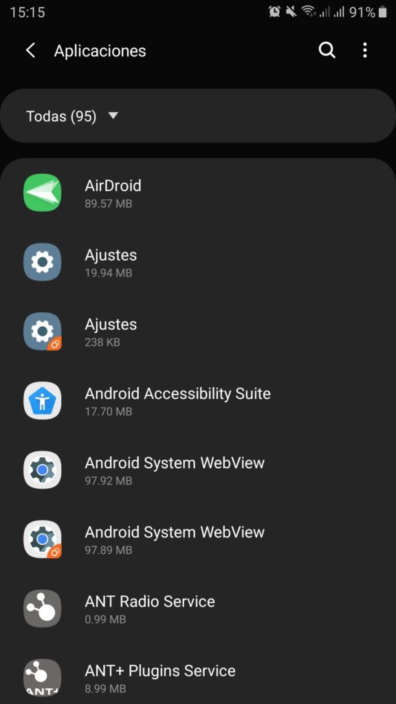 Listado de aplicaciones en el menú de Ajustes de Android