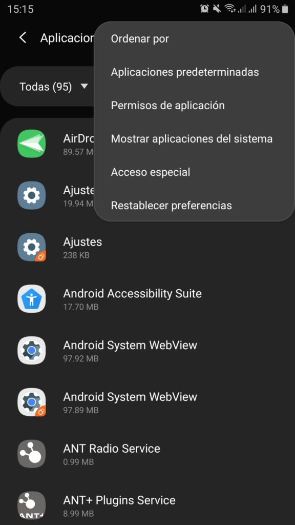 Menú desplegable en el listado de aplicaciones de los Ajustes en Android