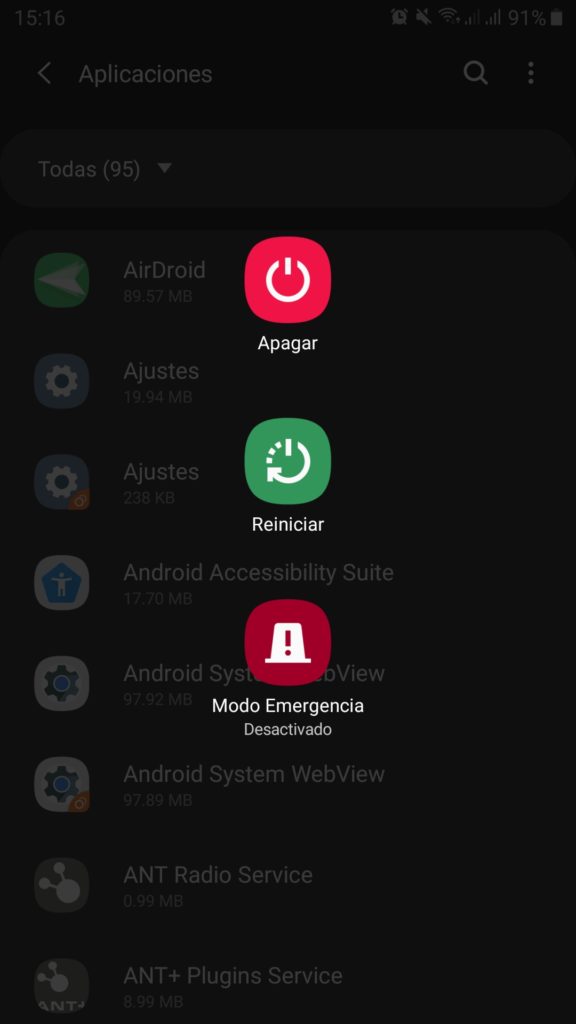 Opciones para reiniciar o apagar el dispositivo en Android
