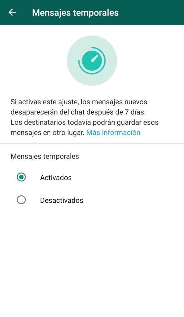 Activación de los mensajes temporales en WhatsApp para Android