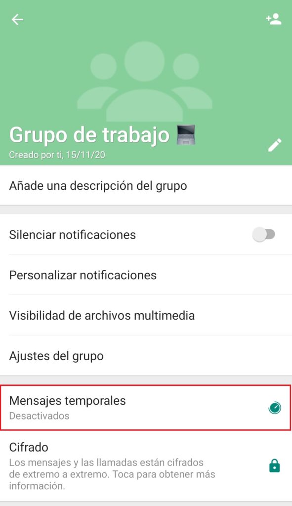 Ajuste de chat grupal en WhatsApp para Android
