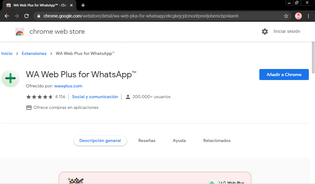 Interfaz de Chrome Web Store con la extensión WA Web Plus for WhatsApp en pantalla
