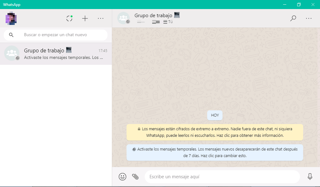 Confirmación de la activación de los mensajes temporales en WhatsApp para PC