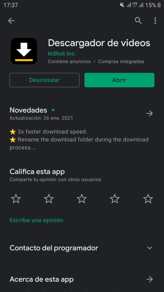 Descargador de videos de InShot en la Play Store de Android