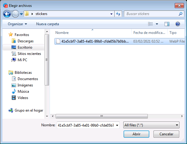 Menú de selección de archivos en Windows