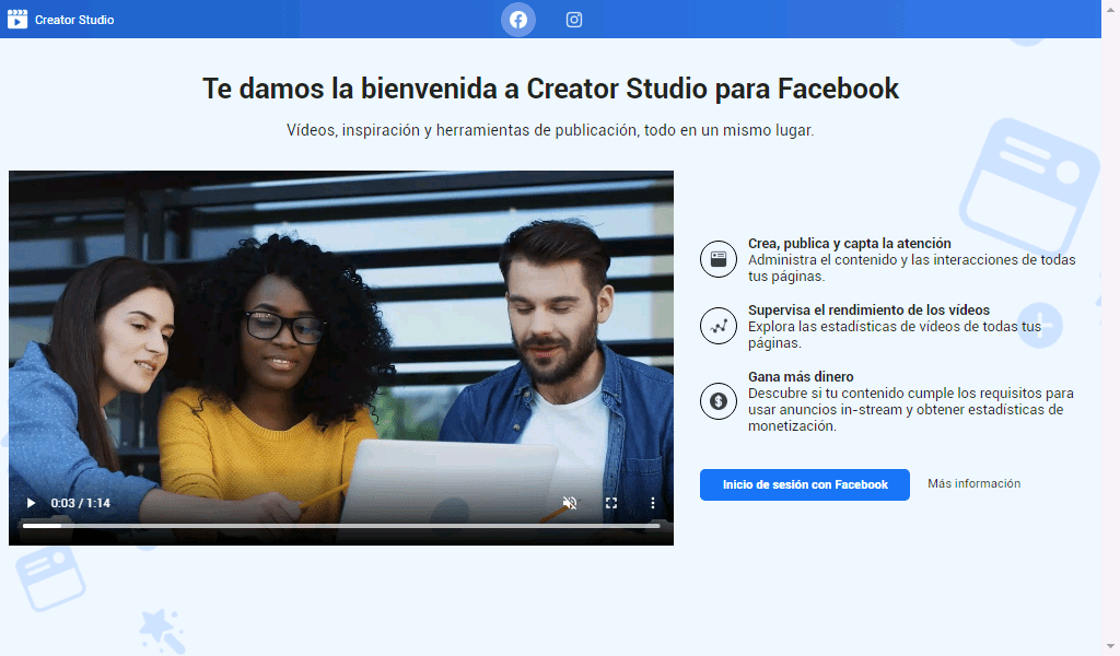 Interfaz de inicio de Facebook Creator Studio
