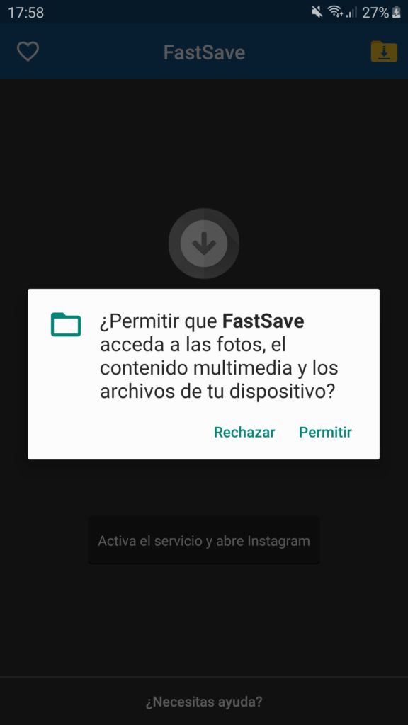 Permisos requeridos en FastSave para Android