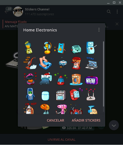 Opciones para añadir stickers a Telegram