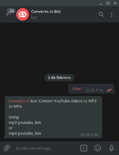Interfaz de Converto.io Bot en Telegram