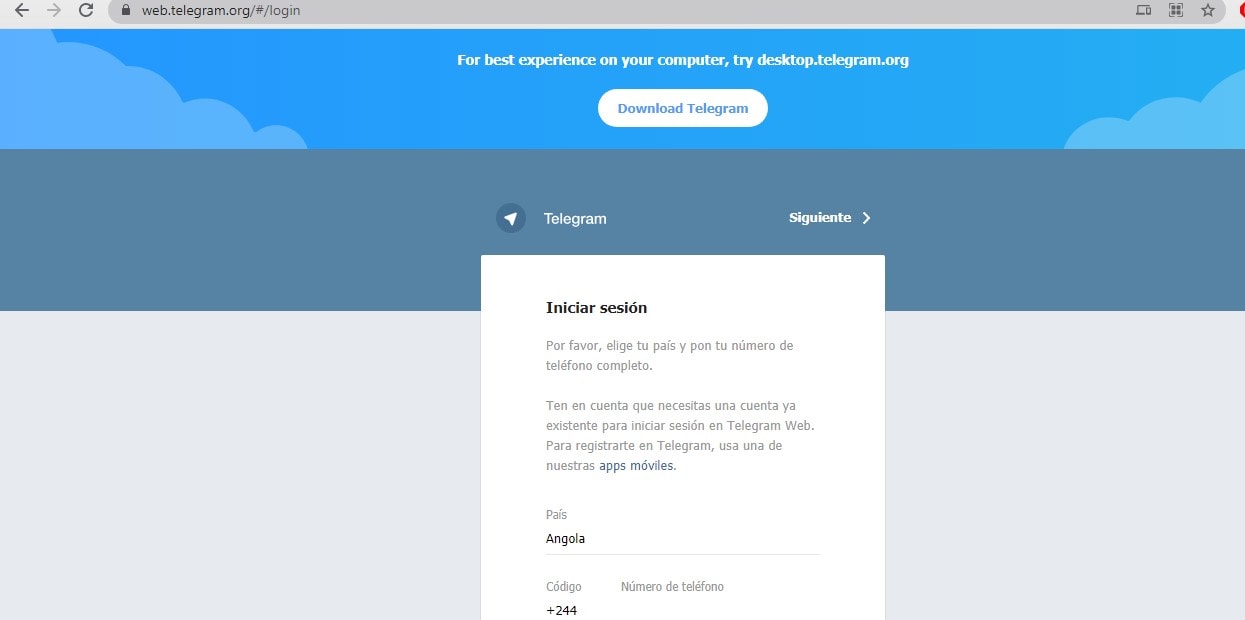 Inicio de Telegram desde la web
