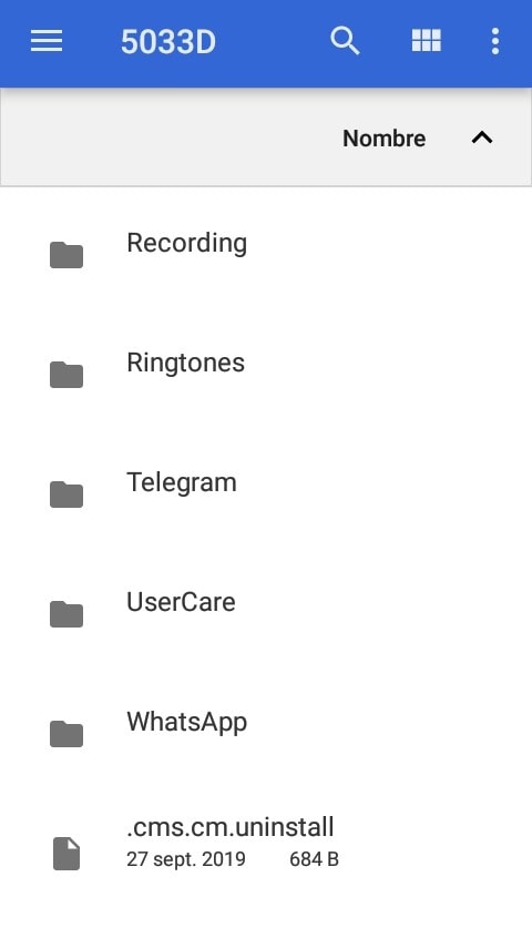 Menú de almacenamiento interno del Smarphone en el que aparece Telegram
