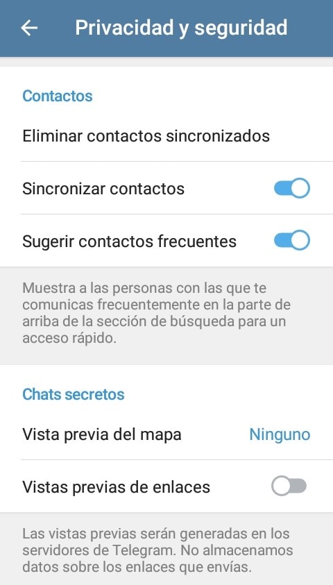 Menú de Telegram Sincronizar contactos