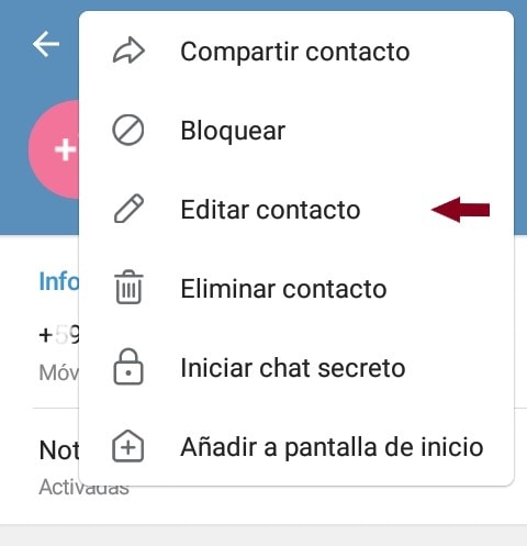 Menú de Telegram Editar contacto