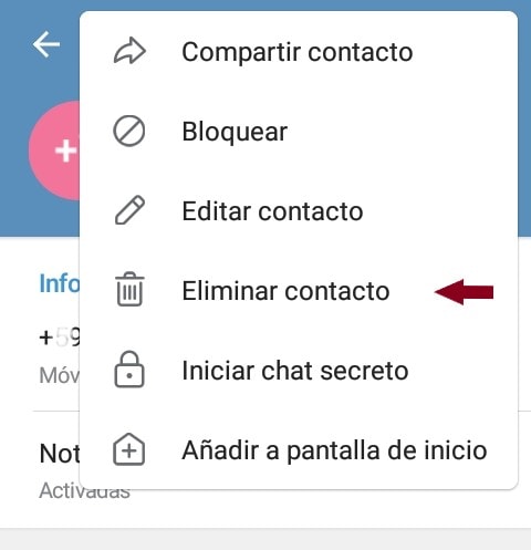 Menú de Telegram Eliminar contacto
