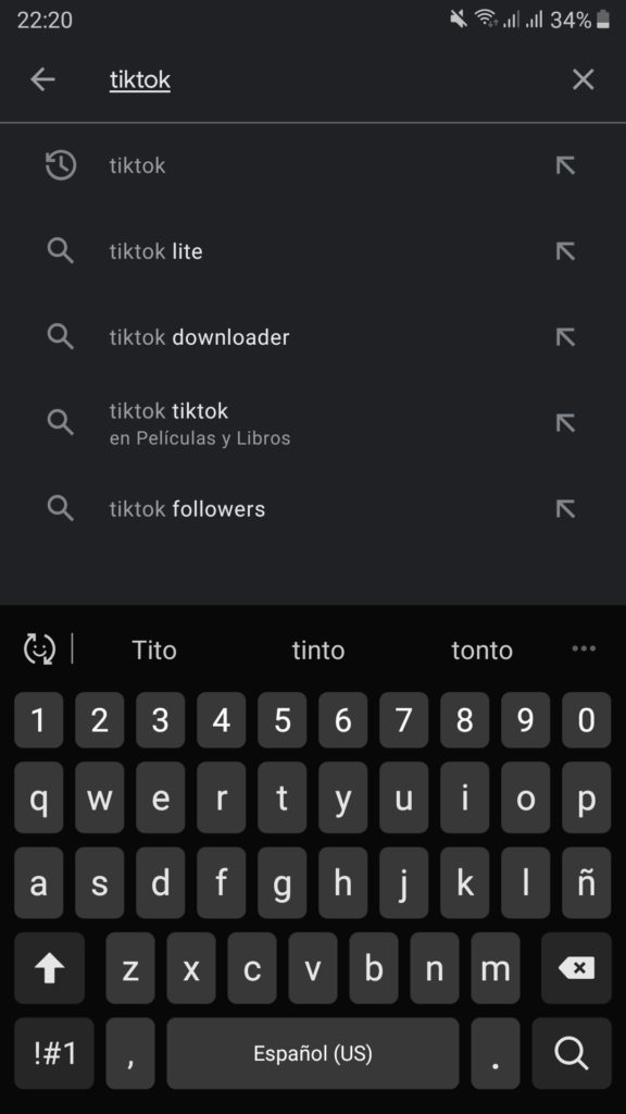 Busqueda de TikTok en la Play Store de Android