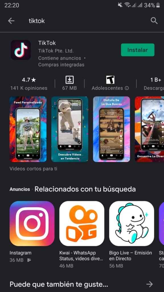 TikTok en la Play Store de Android