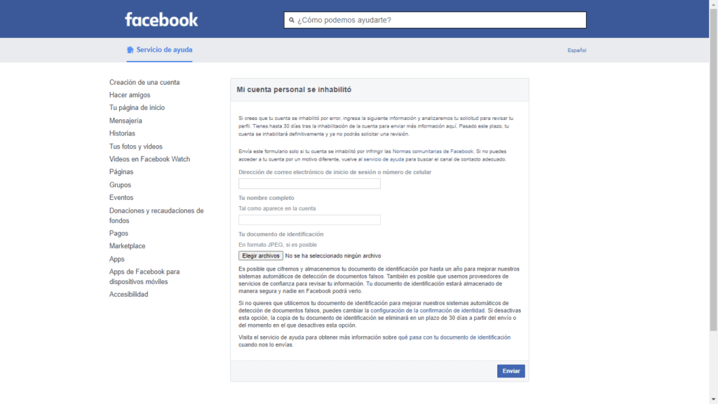 Formulario de ayuda de Facebook para recuperar una cuenta bloqueada