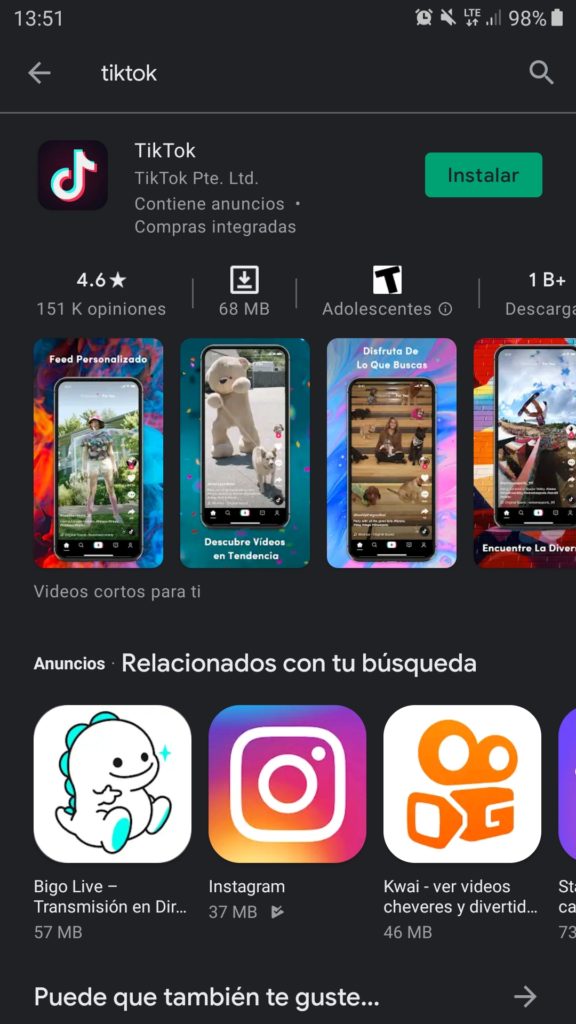 Aplicación de TikTok en la Play Store de Android