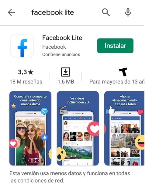 Aplicación Facebook lite en la Store de Google Play