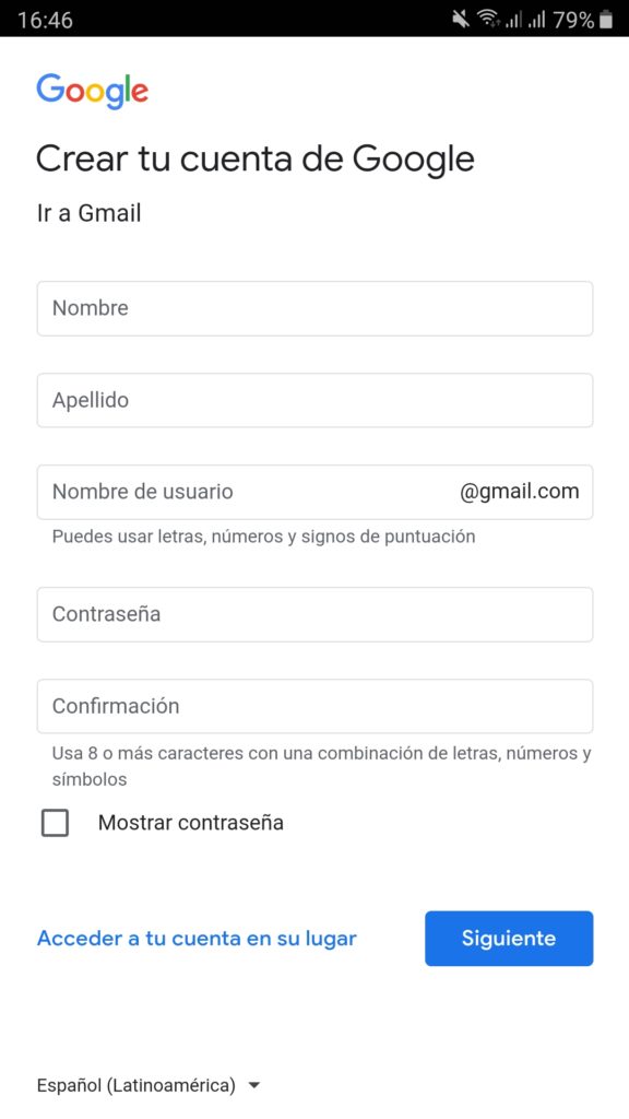 Formulario de registro en Gmail para iOS y Android