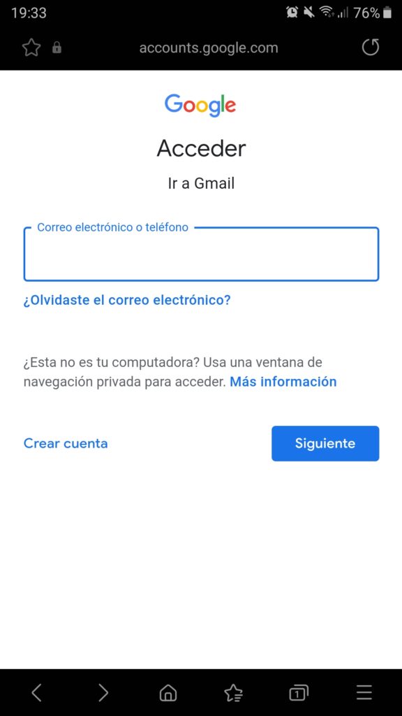 Inicio de sesión en Gmail para Android